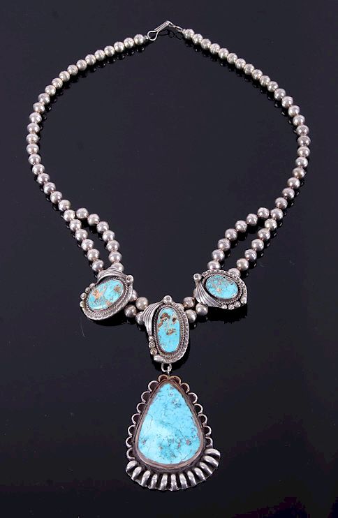 Appraisal: Signed Navajo Bisbee Turquoise Sterling Necklace For your bidding pleasure