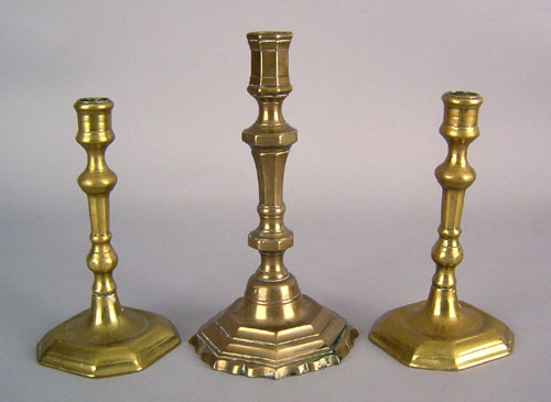 Appraisal: Pair of Queen Anne style brass candlesticks together with a