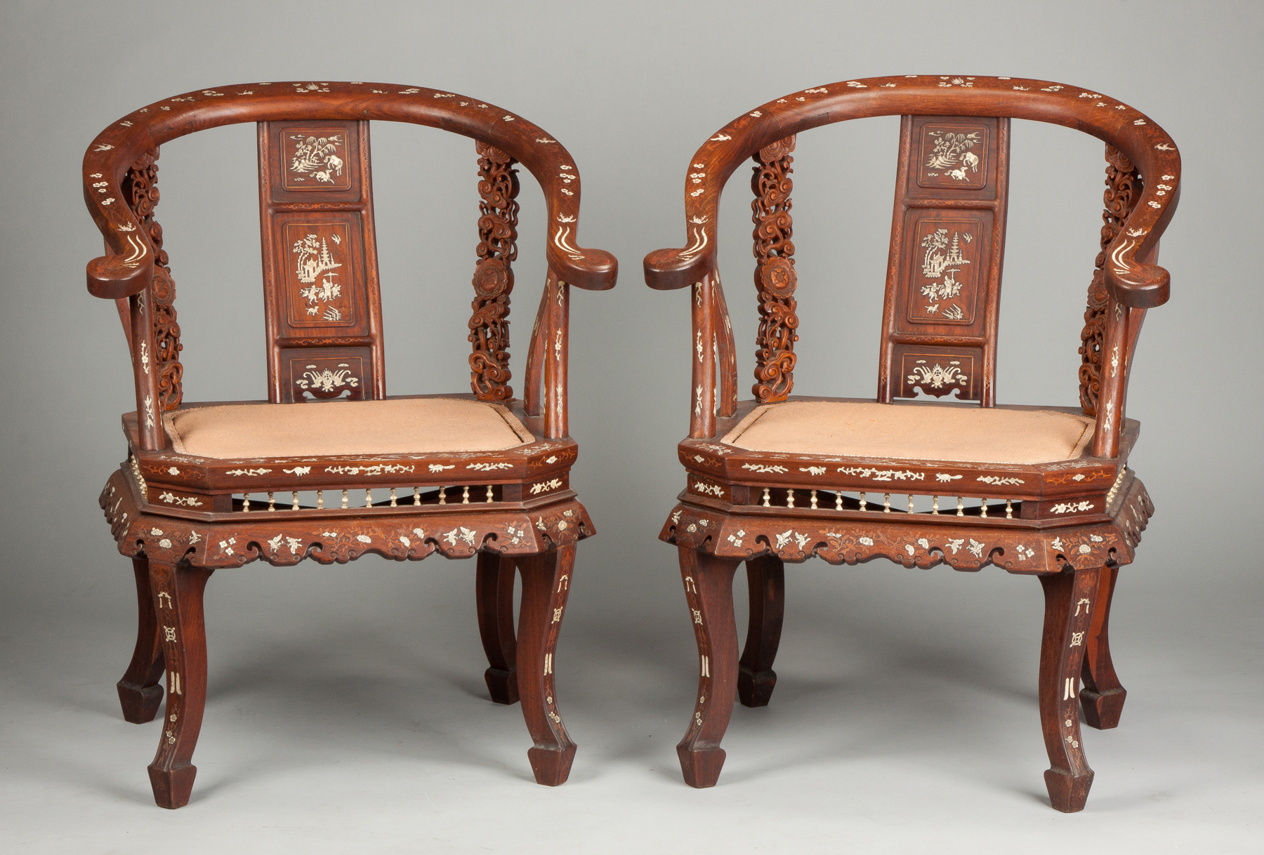 Appraisal: Chinese Carved Hardwood Chairs Ox yolk back th cent Various