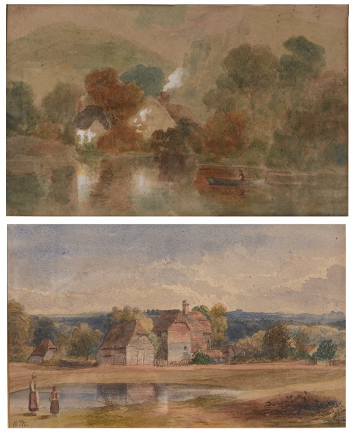 Appraisal: W Muller th Century English landscape showing cottage and rower