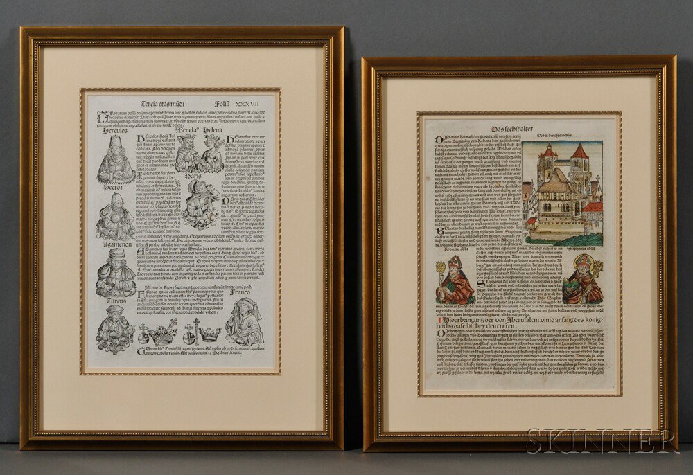 Appraisal: Incunabula Leaves Nuremberg Chronicle Two Framed Leaves One Hand-colored Folio