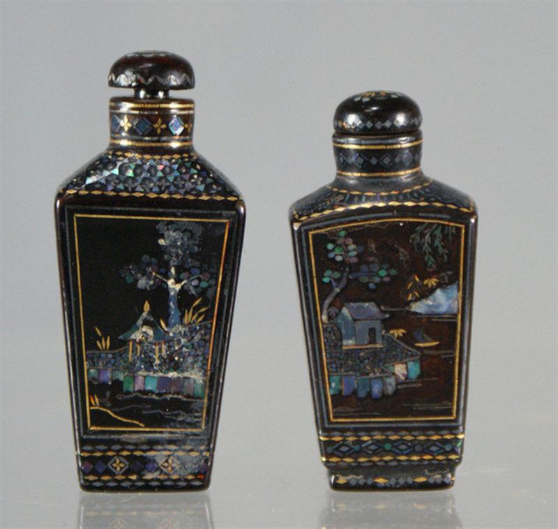 Appraisal: black lacquer snuff bottles each with MOP landscape inlay probably