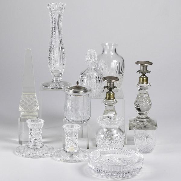 Appraisal: CUT GLASS GROUPING Twelve pieces include Waterford candlesticks tumble up