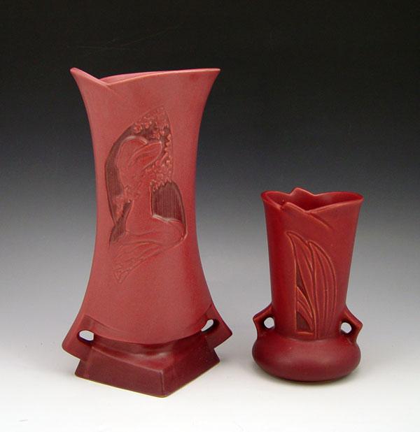 Appraisal: TWO ROSEVILLE POTTERY RED SILHOUETTE VASES The Nude is ''