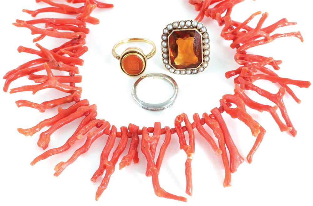 Appraisal: Vintage gold and gemstone rings and coral necklace K and