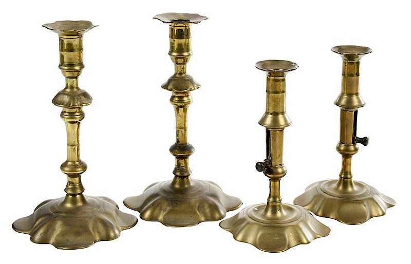 Appraisal: Two Pairs Petal Base Candlesticks British th century comprising pair