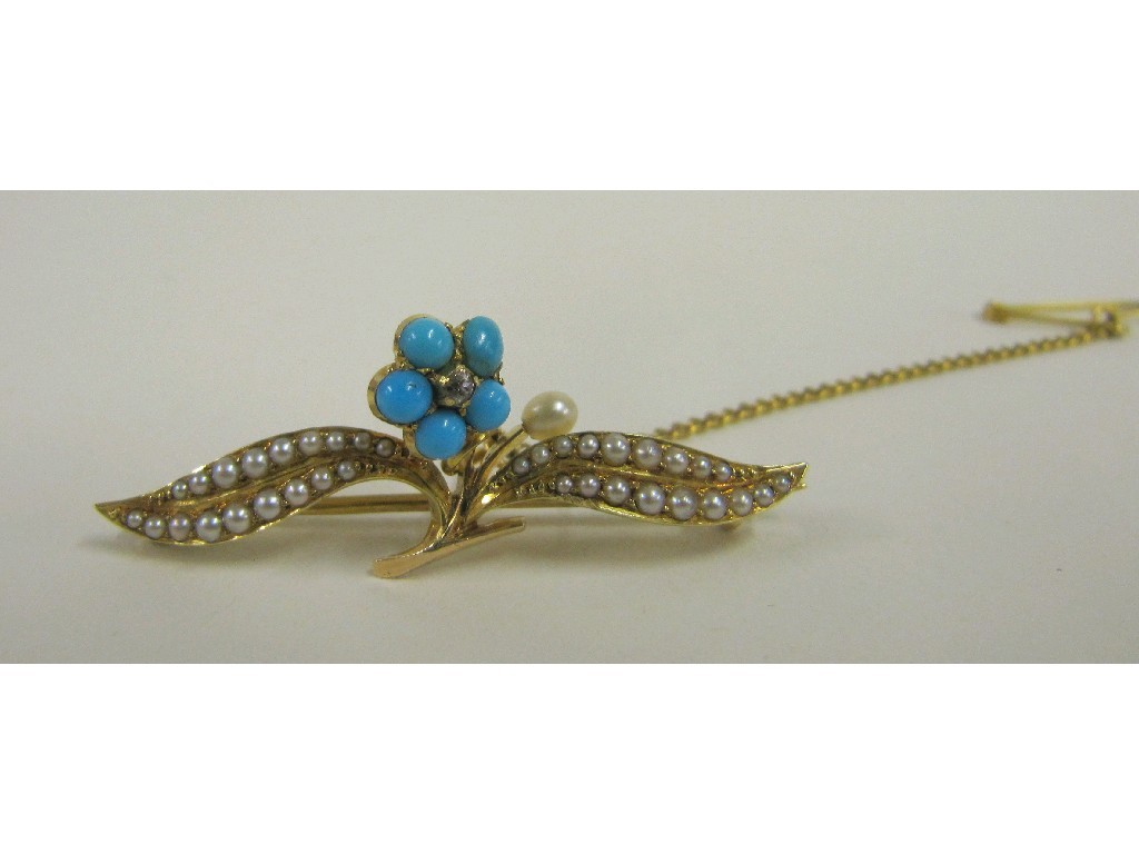 Appraisal: Edwardian yellow metal turquoise diamond and seed pearl set flower