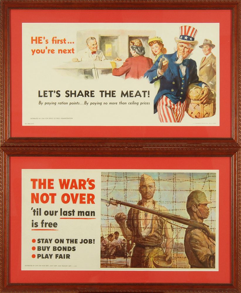 Appraisal: TWO FRAMED WWII WAR BOND POSTERS The War's Not Over