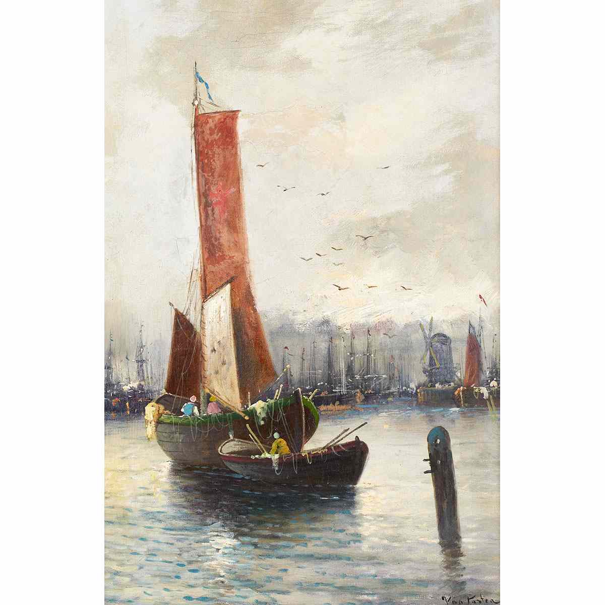 Appraisal: Adrian Van Porten th Century Dutch FISHING BOATS APPROACHING CITY