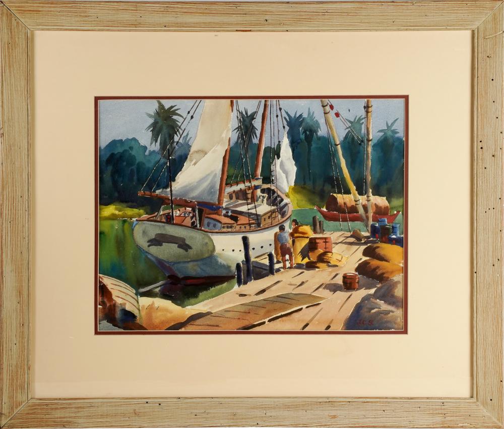 Appraisal: DOCK SCENE WITH BOATwatercolor on paper initialed J C G