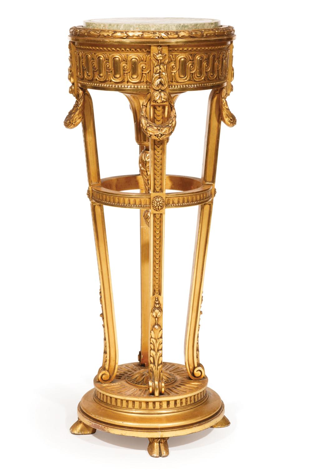 Appraisal: Louis XVI-Style Giltwood Torchere inset verte marble top guilloche frieze