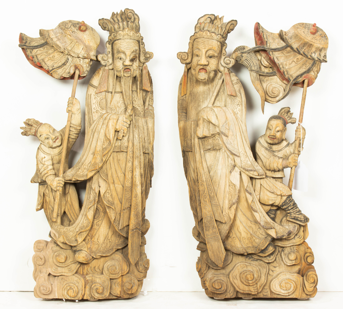 Appraisal: PAIR OF CHINESE DAOIST WOOD CARVINGS Pair of Chinese Daoist