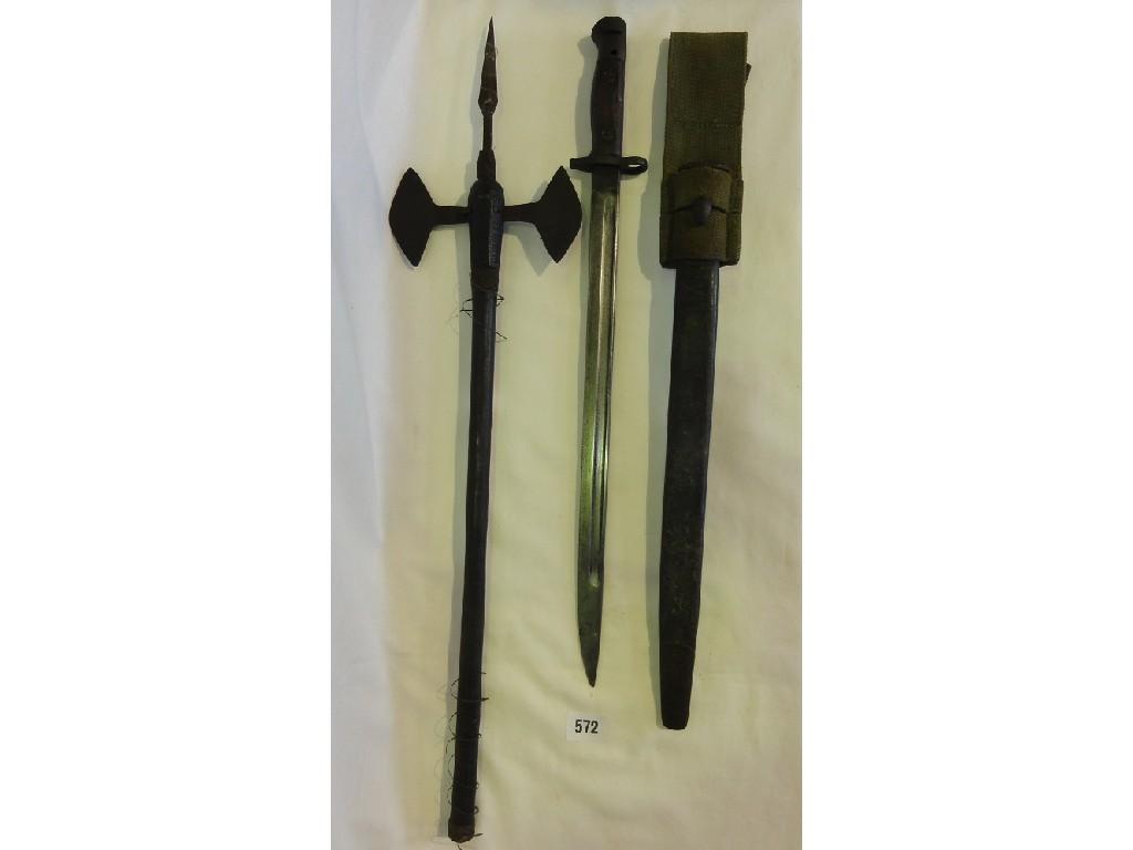 Appraisal: An African double bladed axe with spear top with wirework