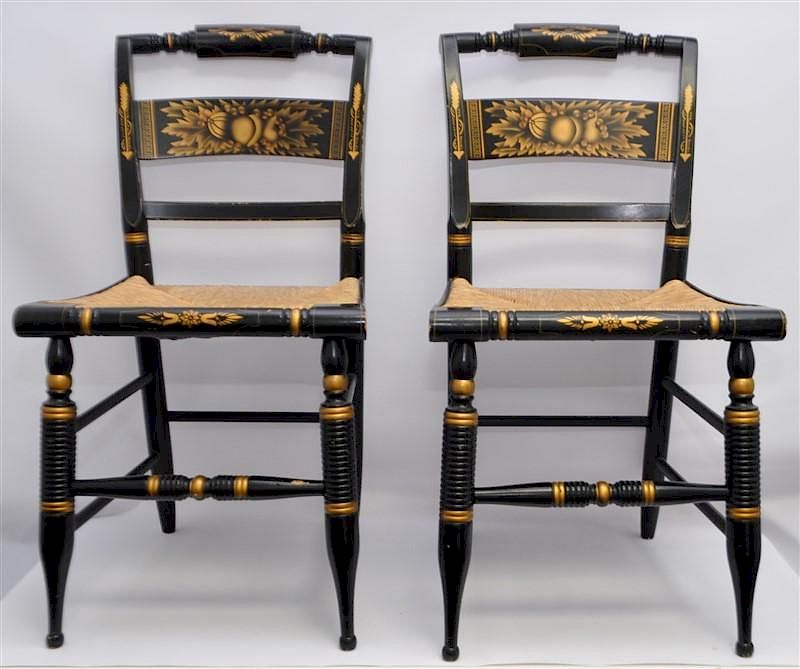 Appraisal: STENCILED HITCHCOCK SIDE CHAIRS - SIGNED Two Classic Stenciled Black