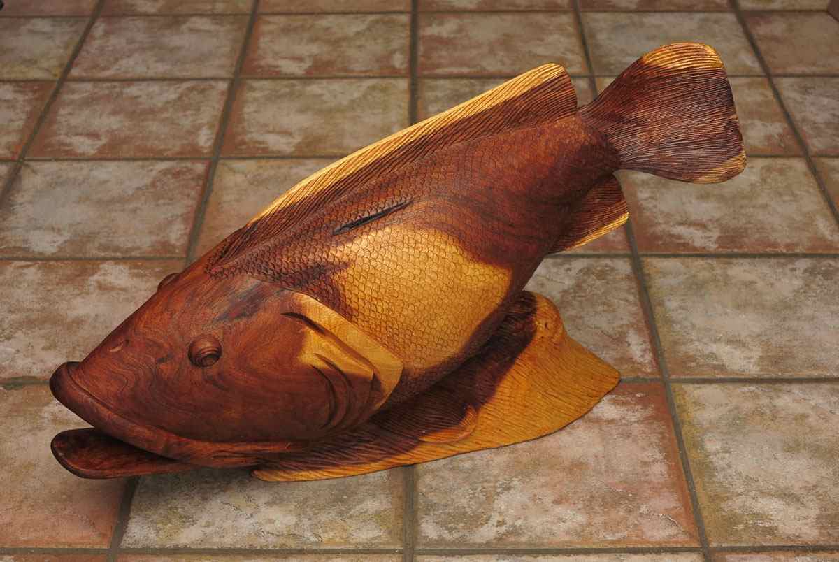 Appraisal: LIFE SIZE CARVED WOOD GROUPER With nice detail to carving