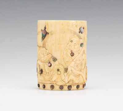 Appraisal: A Carved Ivory Brush Pot This whimsical brush pot is