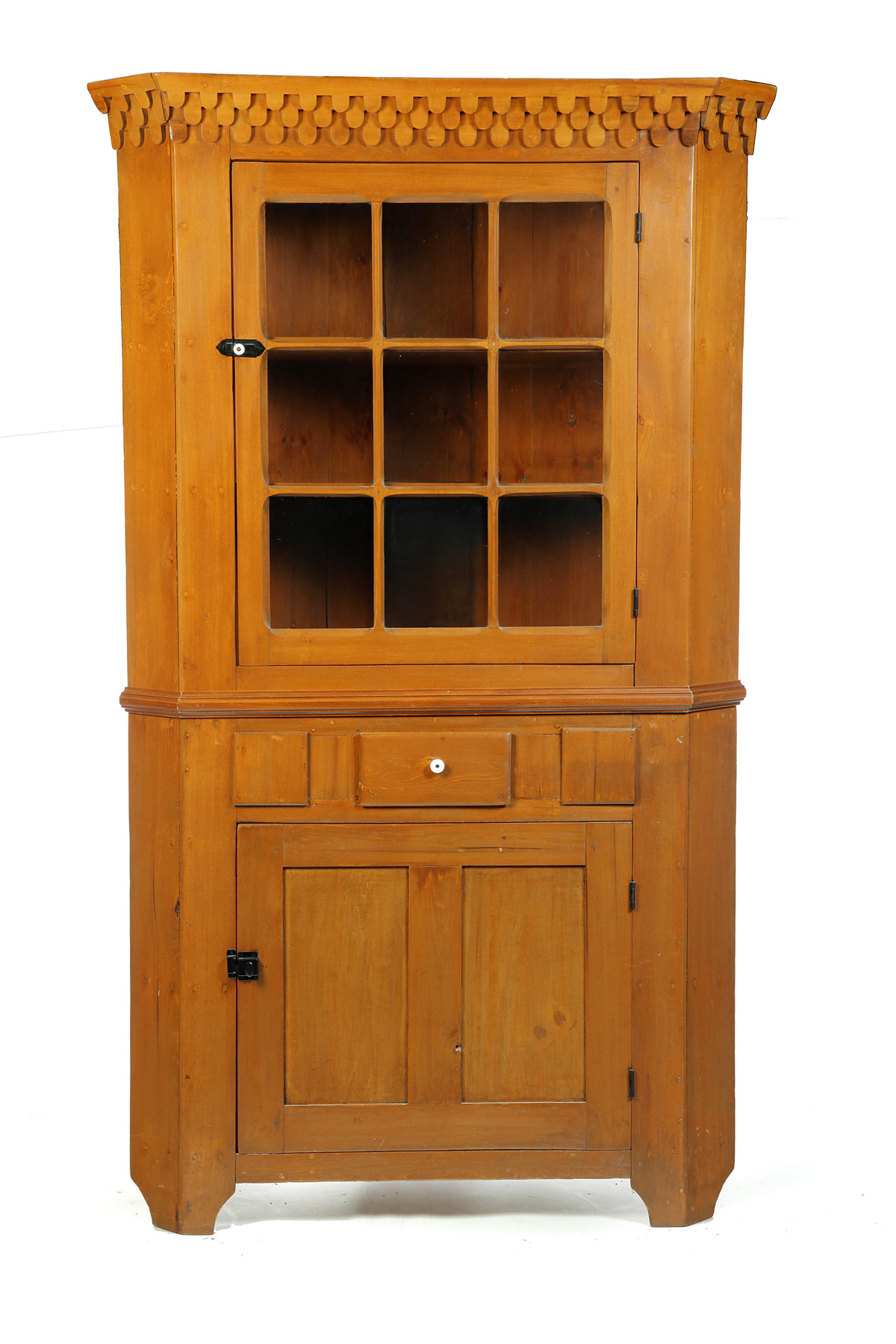 Appraisal: TWO-PIECE CORNER CUPBOARD American nd half- th century pine Stepped