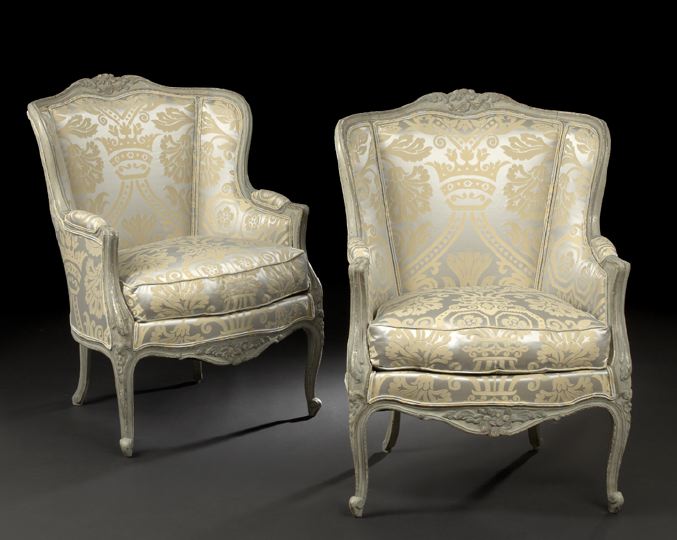 Appraisal: Pair of Louis XV-Style Polychromed Bergeres avec Orielles late th