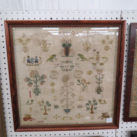 Appraisal: Sampler Dutch silk on linen fine pictorials figures animals square