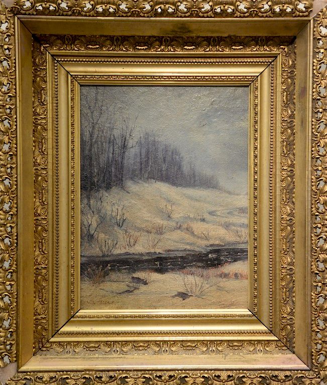 Appraisal: Oil on board winter landscape with stream marked Metcalf Oil