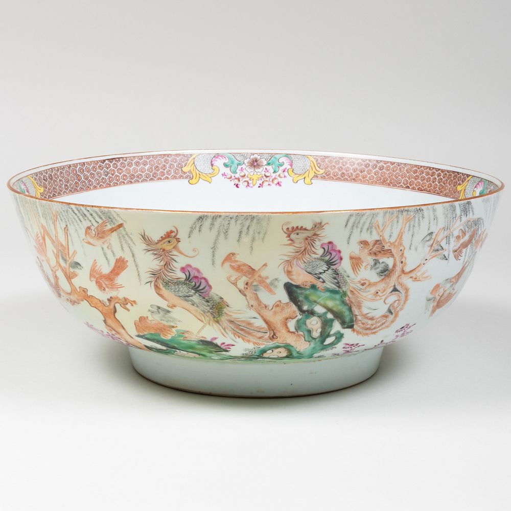 Appraisal: Large Chinese Export Porcelain Punch Bowl Decorated with birds amongst