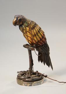 Appraisal: Muller Freres Luneville Art Deco glass and iron parrot lamp