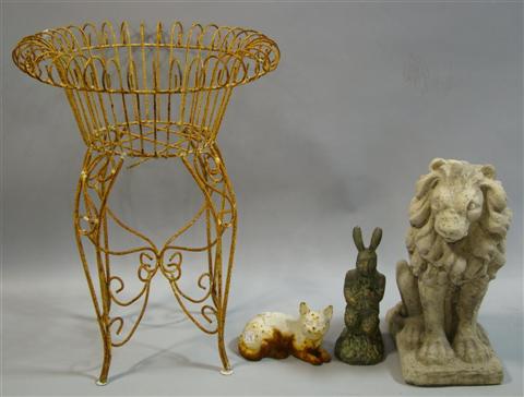 Appraisal: GROUP OF GARDEN DECORATIONS Including a wrought iron plant stand