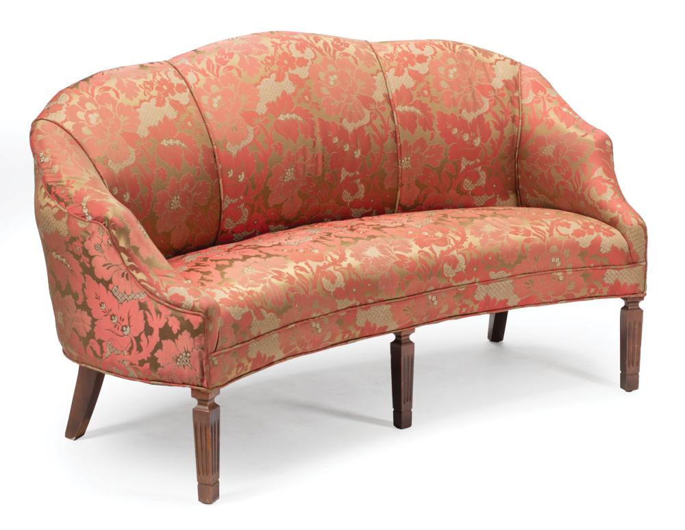 Appraisal: Regency-Style Mahogany Settee shaped back downswept arms fluted tapered legs