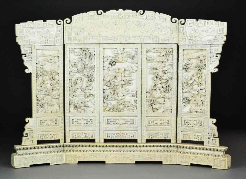 Appraisal: Large Fine Chinese Qing Carved Ivory Table ScreeFive panels finely