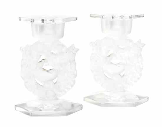 Appraisal: A Pair of Lalique Molded and Frosted Glass Mesanges Candlesticks