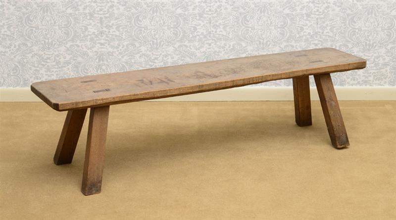 Appraisal: OAK PLANK BENCH MODERN With a plank top with notched