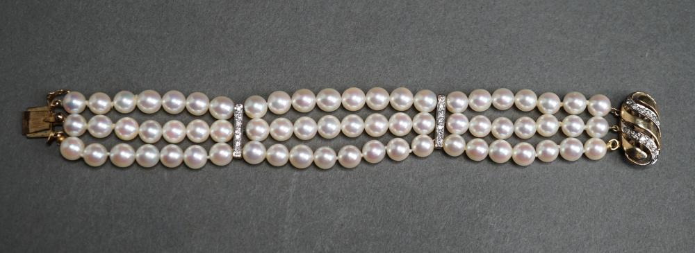 Appraisal: -Karat Yellow-Gold Diamond and Cultured Pearl Triple-Strand Bracelet Pearls measuring