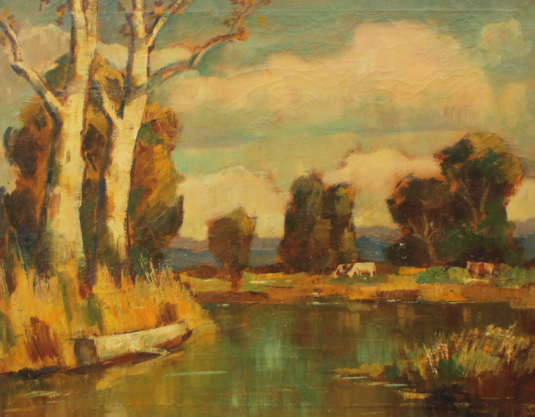 Appraisal: GOOD UNSIGNED MODERNIST LANDSCAPE PAINTING WITH COWS WATERING BY THE