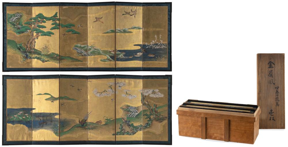 Appraisal: CASED PAIR OF JAPANESE HAND-PAINTED SIX-PANEL TABLE SCREENS MEIJI PERIOD