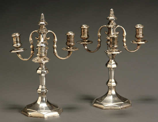 Appraisal: Pair of Austrian Neoclassical Style Silver Three-Light Candelabra First Quarter