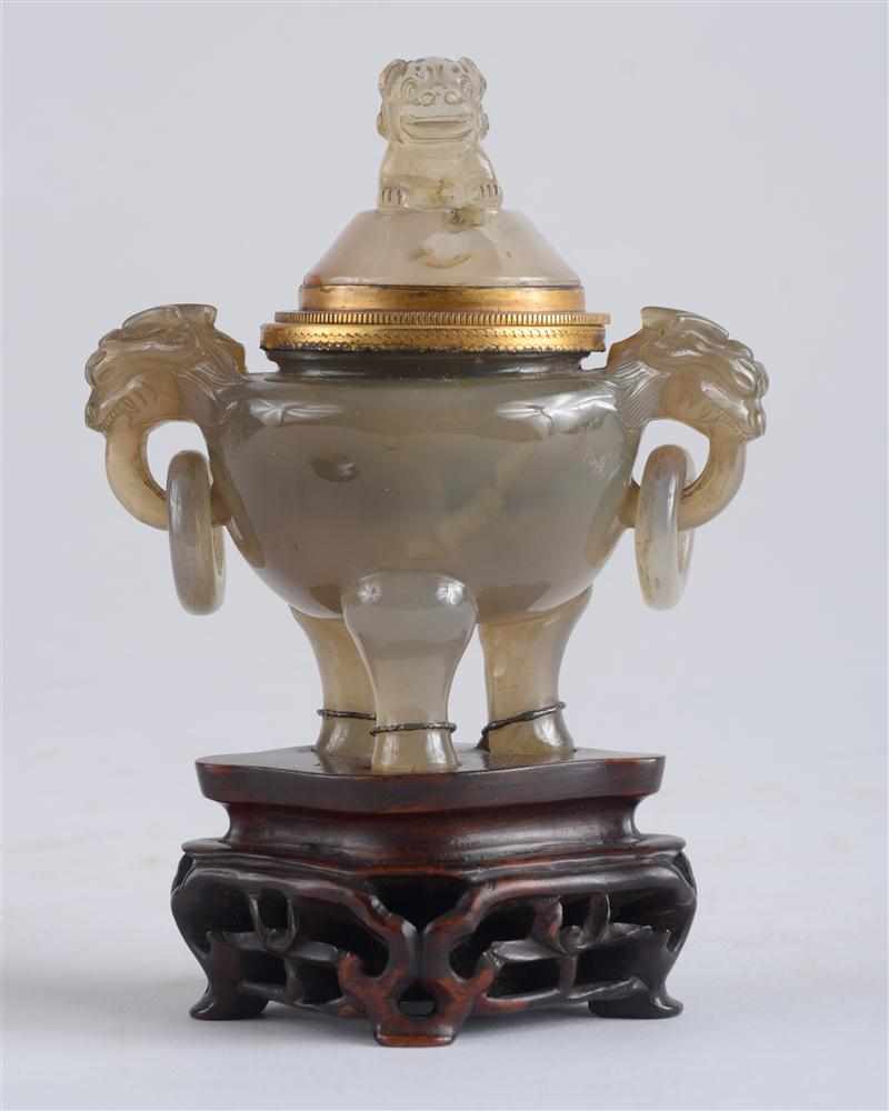 Appraisal: CHINESE CARVED AGATE CENSER Now fitted as an inkwell x