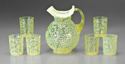 Appraisal: Seven-piece opalescent lemonade set opalescent vaseline glass probably Fenton pitcher