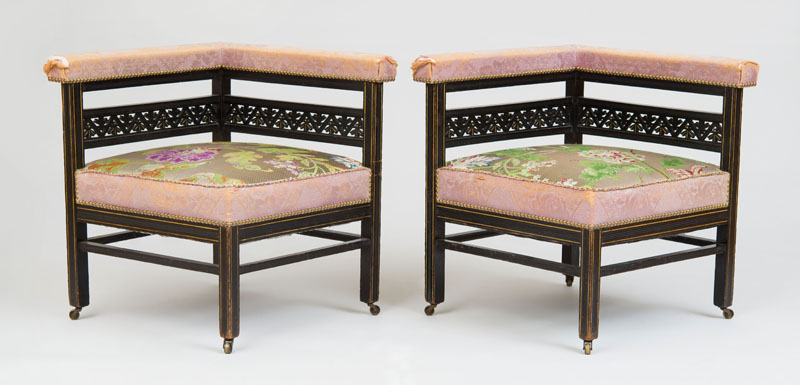 Appraisal: PAIR OF AESTHETIC MOVEMENT CORNER CHAIRS Ebonized finish gilt-incised decoration