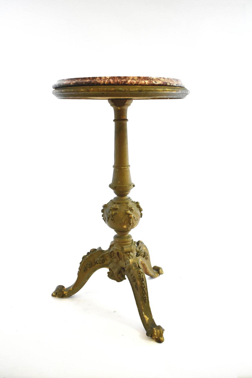 Appraisal: CONTINENTAL GILTWOOD PEDESTAL SIDE TABLEEarly th Century The circular red