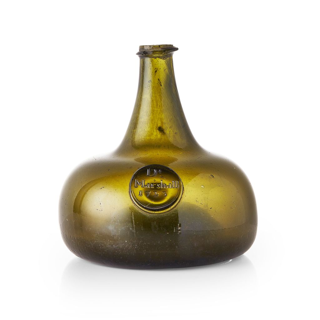 Appraisal: ENGLISH OLIVE-GREEN GLASS 'ONION' BOTTLE DATED the narrow neck above