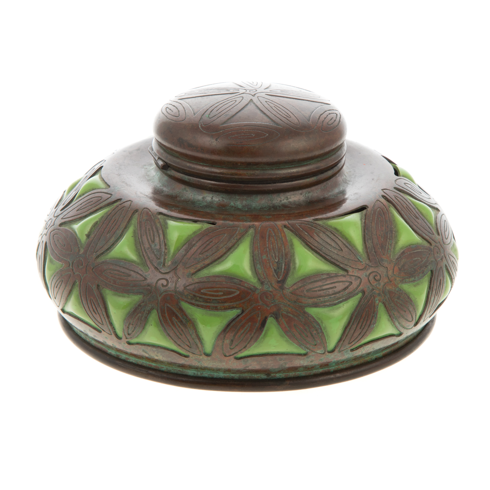 Appraisal: TIFFANY BRONZE GLASS INKWELL Dated etched floral patinated bronze form