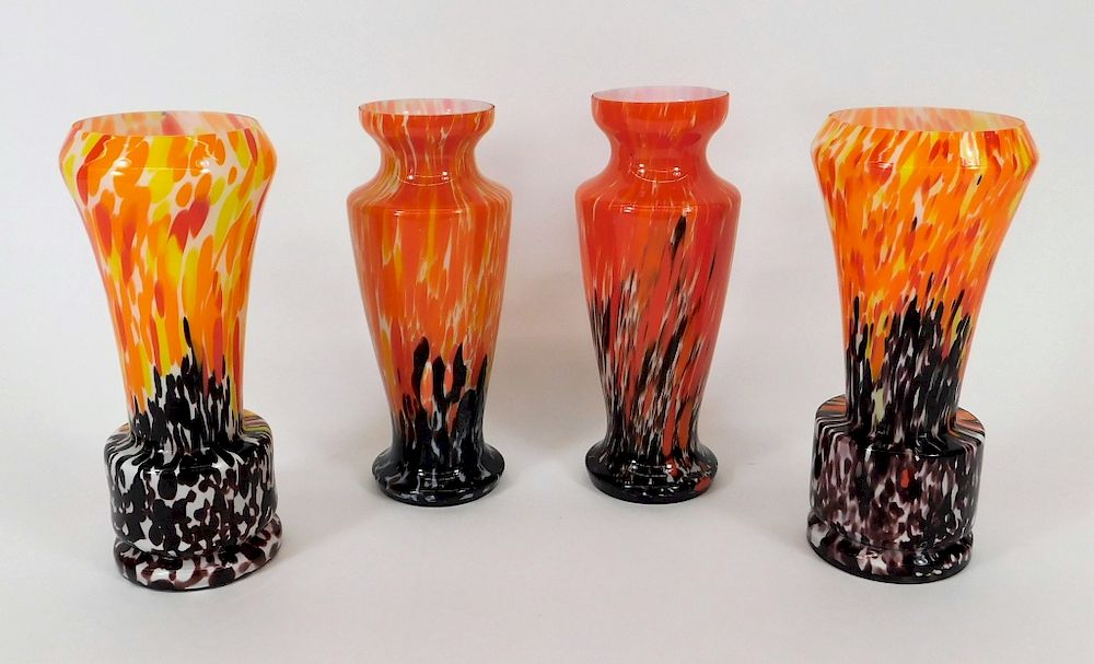 Appraisal: PR Ruckl Welz Orange Spatter Bohemian Glass Vases Bohemia th