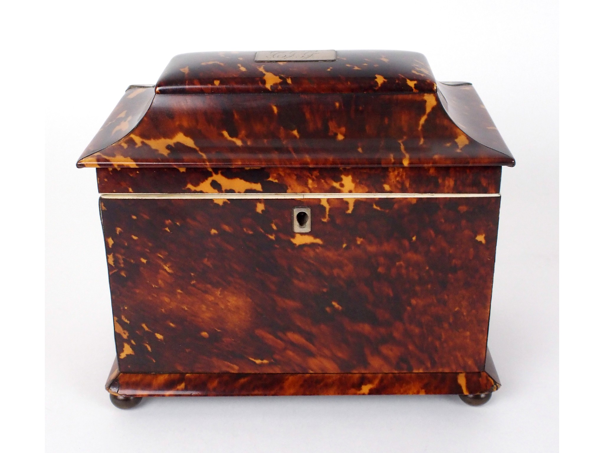 Appraisal: A Regency tortoiseshell tea caddy th century rectangular-form with tapering