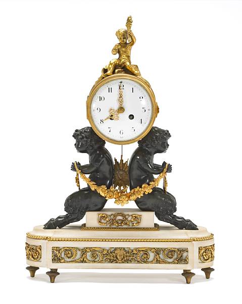 Appraisal: A Neoclassical style marble patinated and gilt bronze figural mantel