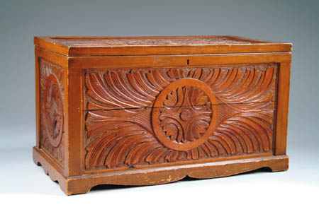 Appraisal: FOLK ART CARVED PINE BLANKET CHEST Six board construction with