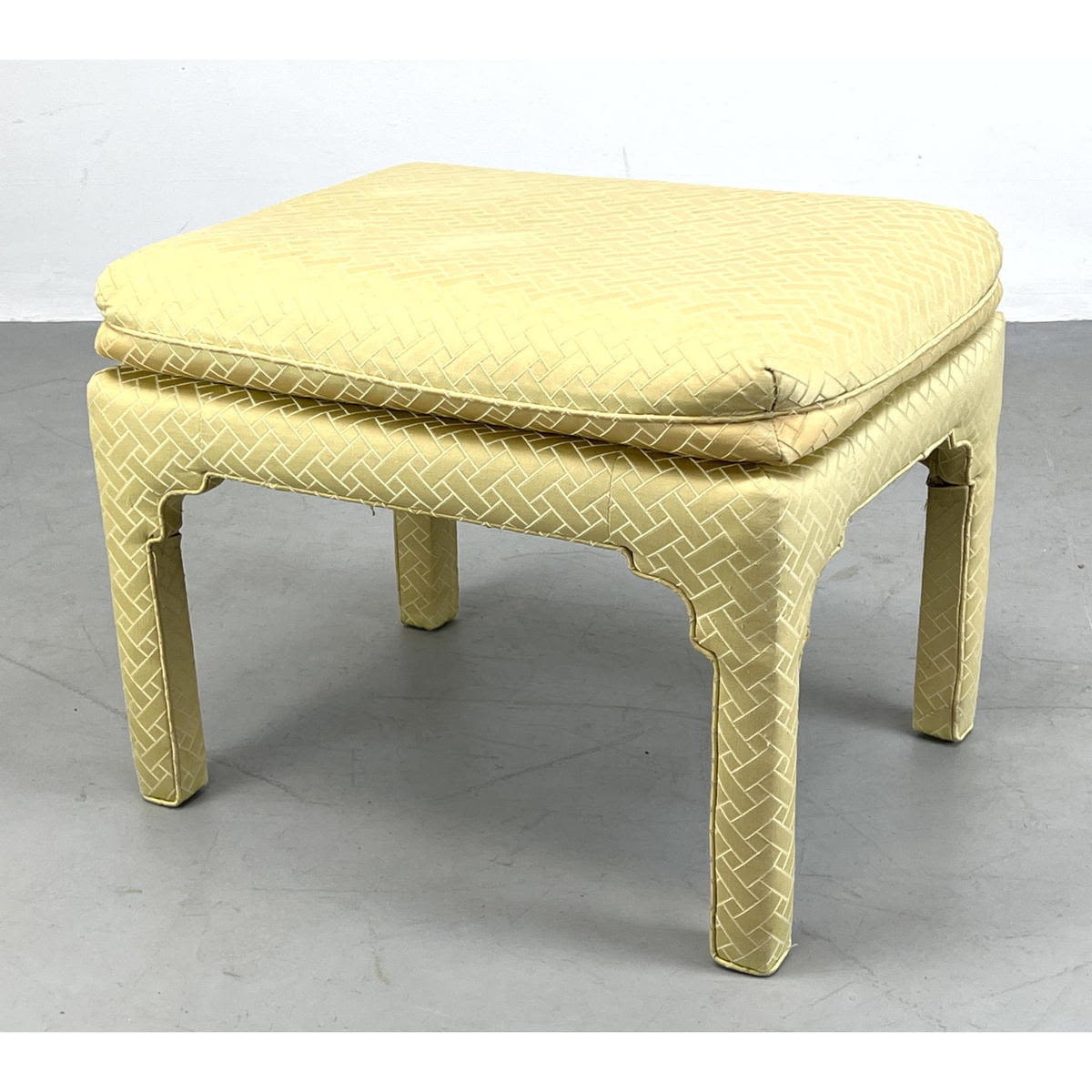 Appraisal: Decorator upholstered bench with gold interlocking pattern fabric Dimensions H