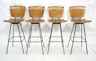 Appraisal: Set ARTHUR UMANOFF style Slat wood Bar Stools Black iron