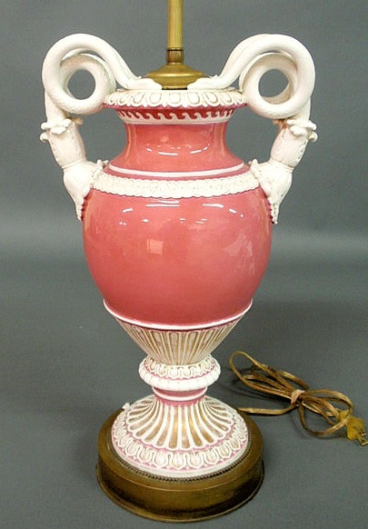 Appraisal: Paris porcelain urn c with snake handles converted to a