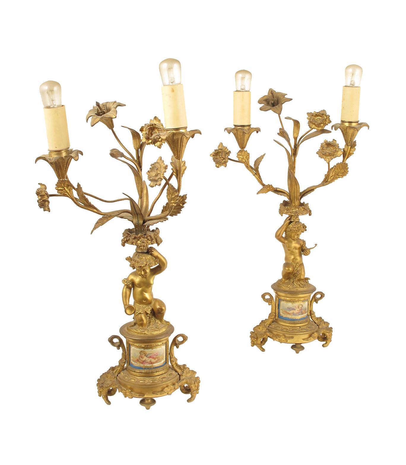 Appraisal: A pair of French ormolu and porcelain mounted two branch