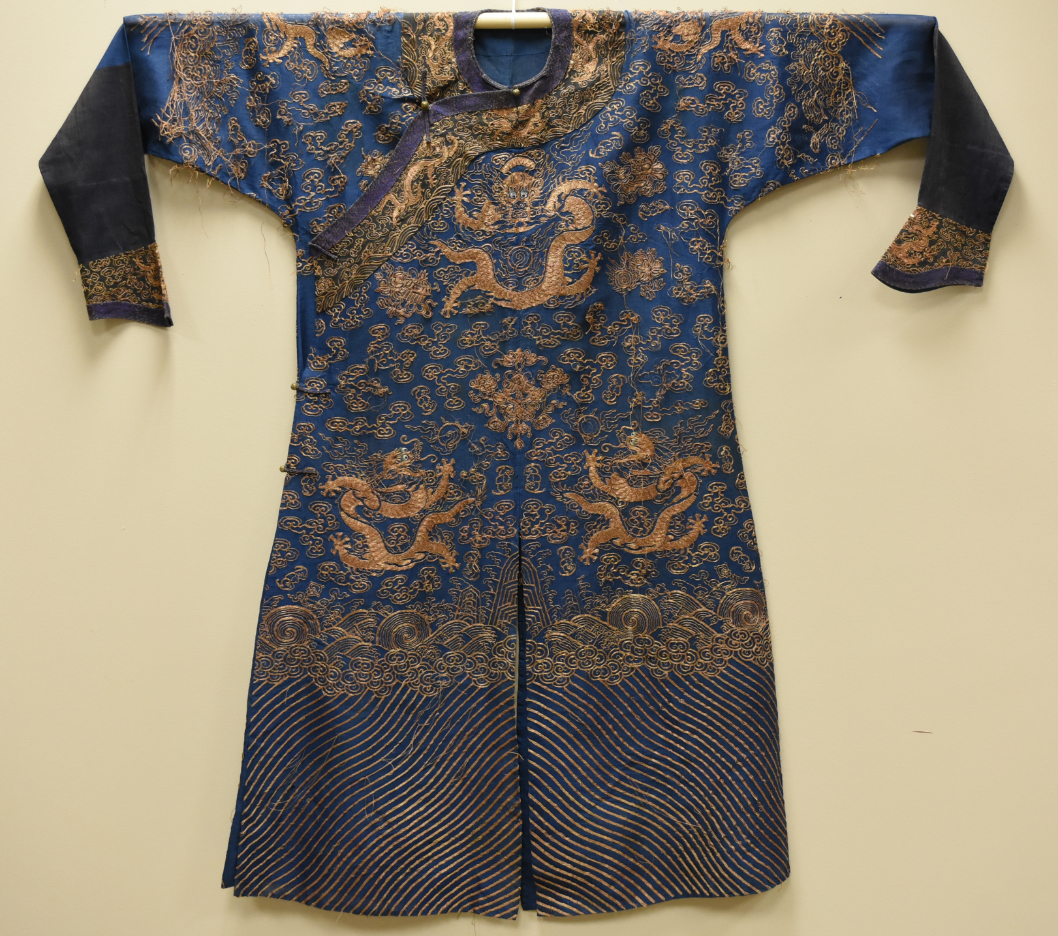 Appraisal: CHINESE KESI EMBROIDERED BLUE DRAGON ROBE TH C A dark